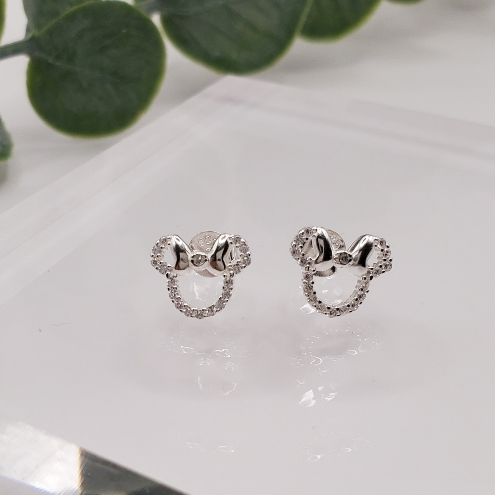 Minnie Mouse Stud Earrings - Solid 925 Sterling Silver - Cubic Zirconia